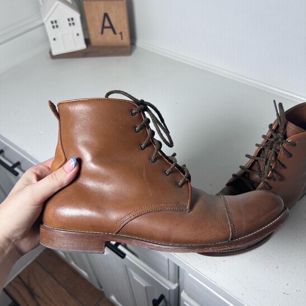 Penny Luck Mens 9 Brown Leather Cap Toe Boots Lace Up Ankle Dress Casual Classic - Picture 4 of 8